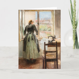 Verjaardagskaart met vrouw en naaimachine. feestdagen kaart