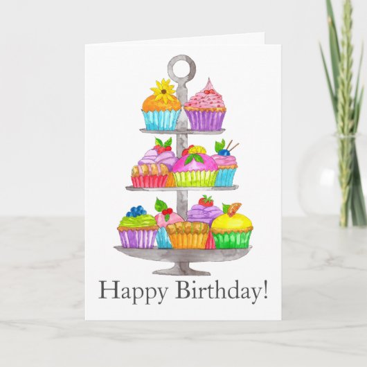 Verjaardagskaart met waterverf cupcakes kaart (Voorkant)