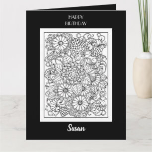 Verjaardagskaart met zwart-wit bloemen kleurplaat kaart