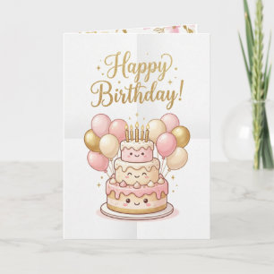Verjaardagskaart Roze & Gouden Taart Ballonnen🎉 Kaart