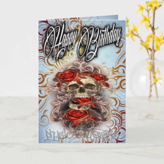 Verjaardagskaart schedel en rozen kaart (Gele Bloem)