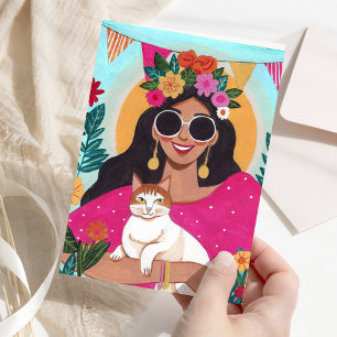 Verjaardagskaart Stijlvolle Vrouw met Kat Bloemkaa Kaart