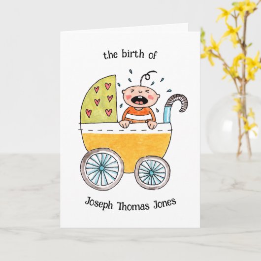 Verjaardagskaart voor een baby in een kinderwagen kaart (Gele Bloem)