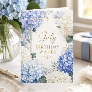 Verjaardagskaart voor juli met elegante blauwe hor kaart