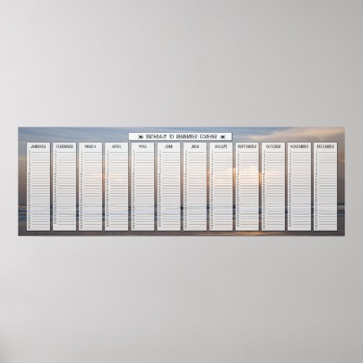 Verjaardagskalender met zonsopgang aan het strand poster (Voorkant)