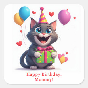 Verjaardagskat Met Cadeau En Grote Ogen 🎁 Vierkante Sticker