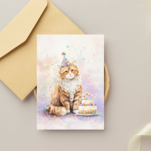 Verjaardagskat met cake – Mopshoge feesthoed kat  Briefkaart