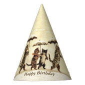 Verjaardagskatten lopen rechtop in sneeuwparaplu's feesthoedjes (Voorkant)