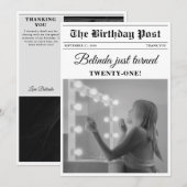 Verjaardagskrant Fun Zwart & Wit Foto Bedankkaart (Voorkant / Achterkant)