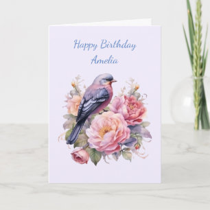 Verjaardagslied vogel zittend bovenop roze pioenro kaart