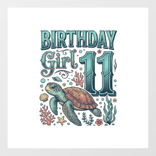 Verjaardagsmeisje 11 Zeeschildpad Vintage Gravure Raamsticker