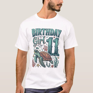 Verjaardagsmeisje 11 Zeeschildpad Vintage Gravure T-shirt