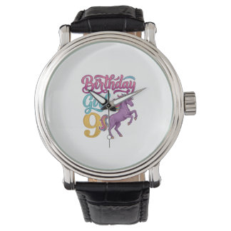 Verjaardagsmeisje 9 Eenhoorn Vintage Gravure Ontwe Horloge