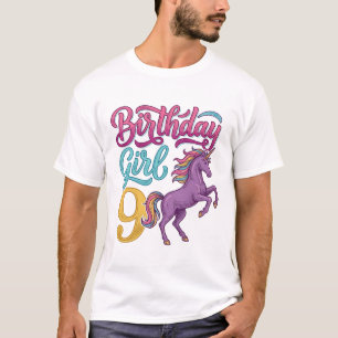Verjaardagsmeisje 9 Eenhoorn Vintage Gravure Ontwe T-shirt