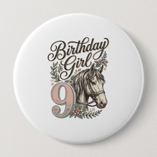 Verjaardagsmeisje 9 Paard Bloemig Vintage Gravure  Ronde Button 4,0 Cm