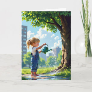 Verjaardagsmeisje die een stadsboom water geeft kaart