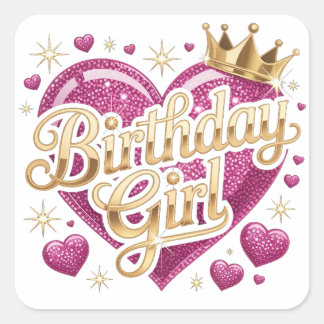 Verjaardagsmeisje Glitter Hart Vierkante Sticker