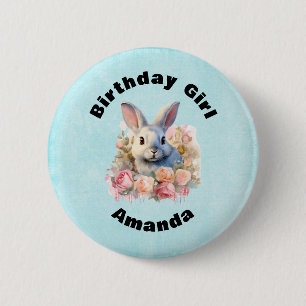 Verjaardagsmeisje Konijn met een Krans van Rozen S Ronde Button 5,7 Cm