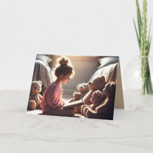 Verjaardagsmeisje leest voor aan teddyberen kaart