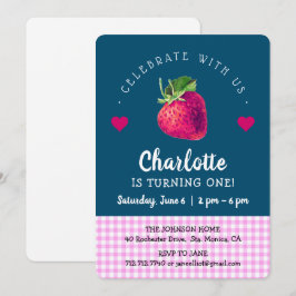 Verjaardagsmeisje met aardbei blauw groen roze ger bedankkaart