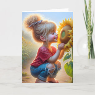 Verjaardagsmeisje met een zonnebloem kaart