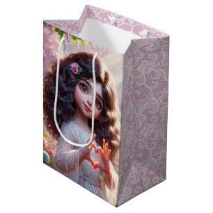 Verjaardagsmeisje met vingers die een hart vormen medium cadeauzakje
