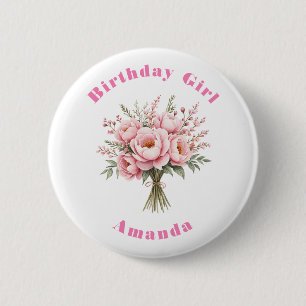 Verjaardagsmeisje Mooie Roze Pioen Bloemenboeket Ronde Button 5,7 Cm