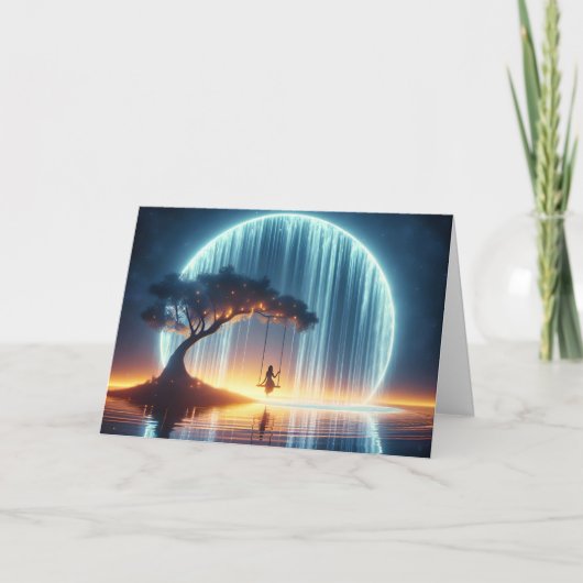 Verjaardagsmeisje op schommel in Moon Waterfall Kaart (Voorkant)