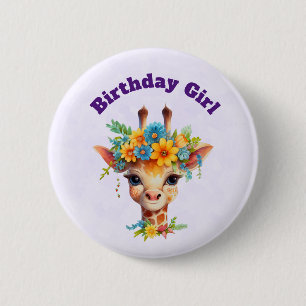 Verjaardagsmeisje Schattige Giraffe met Bloemenkra Ronde Button 5,7 Cm