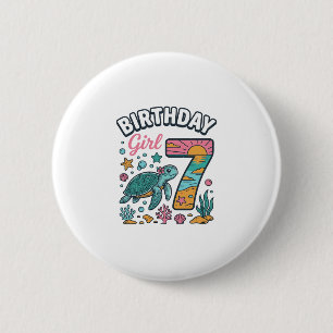 Verjaardagsmeisje Zeeschildpad 7e Verjaardag Vecto Ronde Button 5,7 Cm