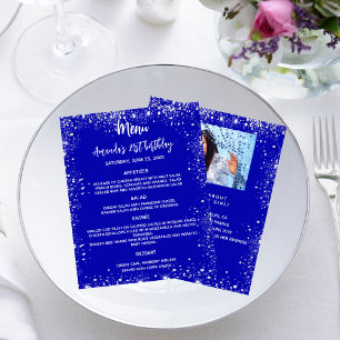 Verjaardagsmenu koninklijk blauw glitter leuke wee flyer