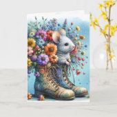 Verjaardagsmuis in oude laars kaart (Gele Bloem)