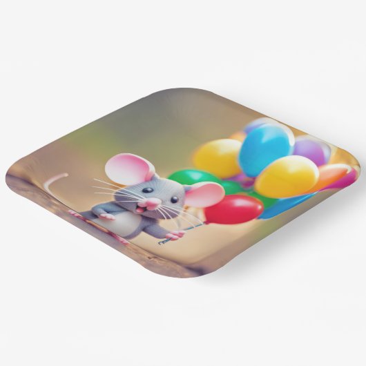 Verjaardagsmuis met ballonnen papieren bordje (Gebogen)