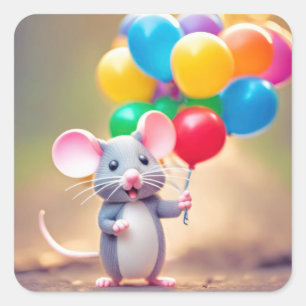 Verjaardagsmuis met ballonnen vierkante sticker