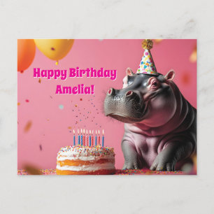 Verjaardagsnijlpaard met cake en ballonnen briefkaart