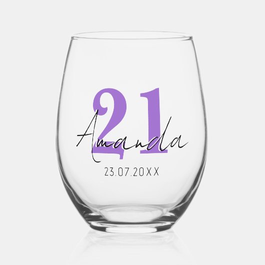 Verjaardagsnummer Amethist | Zwart 3D Naam Datum Wijnglas Zonder Voet (Voorkant)