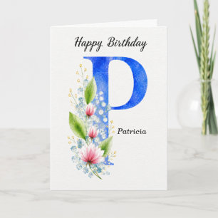 Verjaardagsontwerp met letter P, blauwe monogram e Kaart