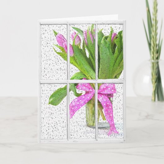 verjaardagsregen op raam met tulpen kaart (Voorkant)