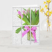 verjaardagsregen op raam met tulpen kaart (Gele Bloem)
