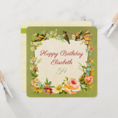  verjaardagsretro groene bloemen & vogelkaart kaart (Voorkant / Achterkant in situ)