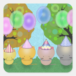 Verjaardagsstickers met knuffelkatjes en ballonnen vierkante sticker
