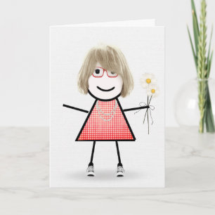 Verjaardagsstickfiguur Meisje Met Margrieten  Kaart