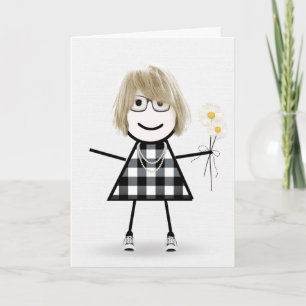 Verjaardagsstokfiguur Meisje Met Margrieten  Kaart