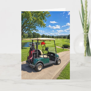 Verjaardagsstokfiguurgolfer in een golfkar kaart