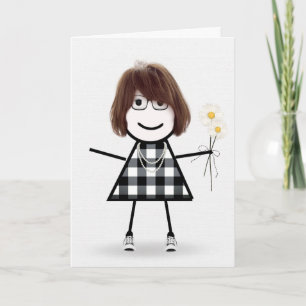 Verjaardagsstokfiguurtje Met Madeliefjes Kaart