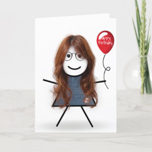Verjaardagsstokfiguurtje met rode ballon kaart