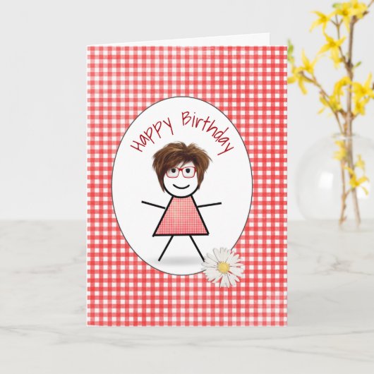 Verjaardagsstokpoppetje op Gingham Kaart (Gele Bloem)