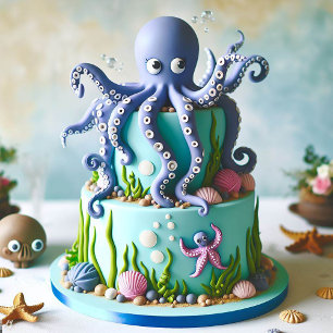 VERJAARDAGSTAART MET ACHTARMIGE BLAUWE OCTOPUS THE KAART