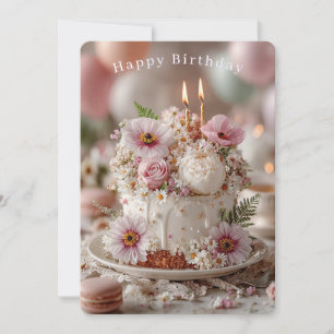 Verjaardagstaart met mooie bloemkaarsen kaart