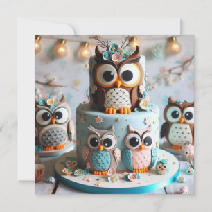 VERJAARDAGSTAART MET UIL THEMA EN DECORATIES  KAART